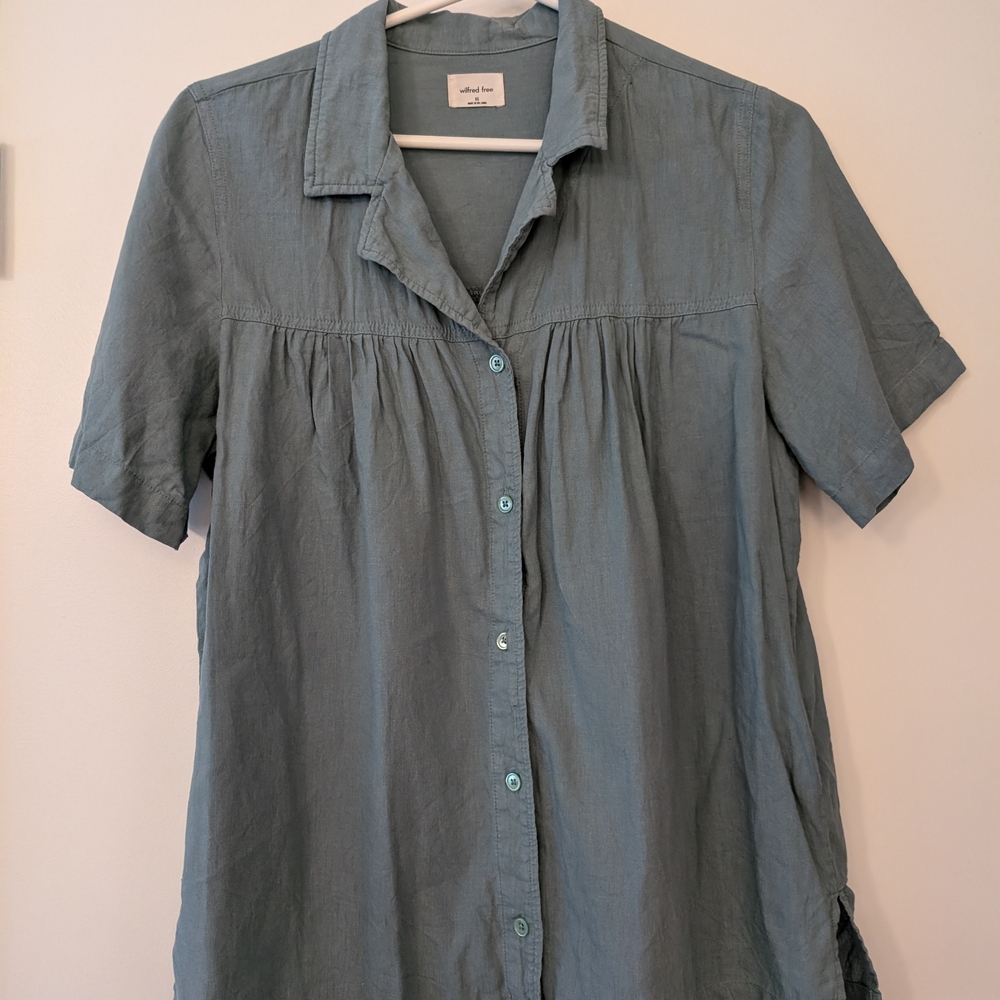 Wilfred Green Short Sleeve Oversized Linen Blend Collared Shirt